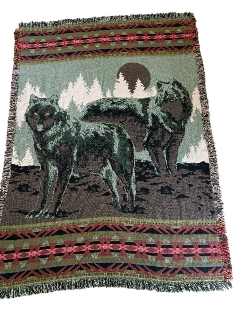 Vintage Woven Tapestry Throw Blanket 2 Gray Wolves Wolf Wall Hanging 46x70
